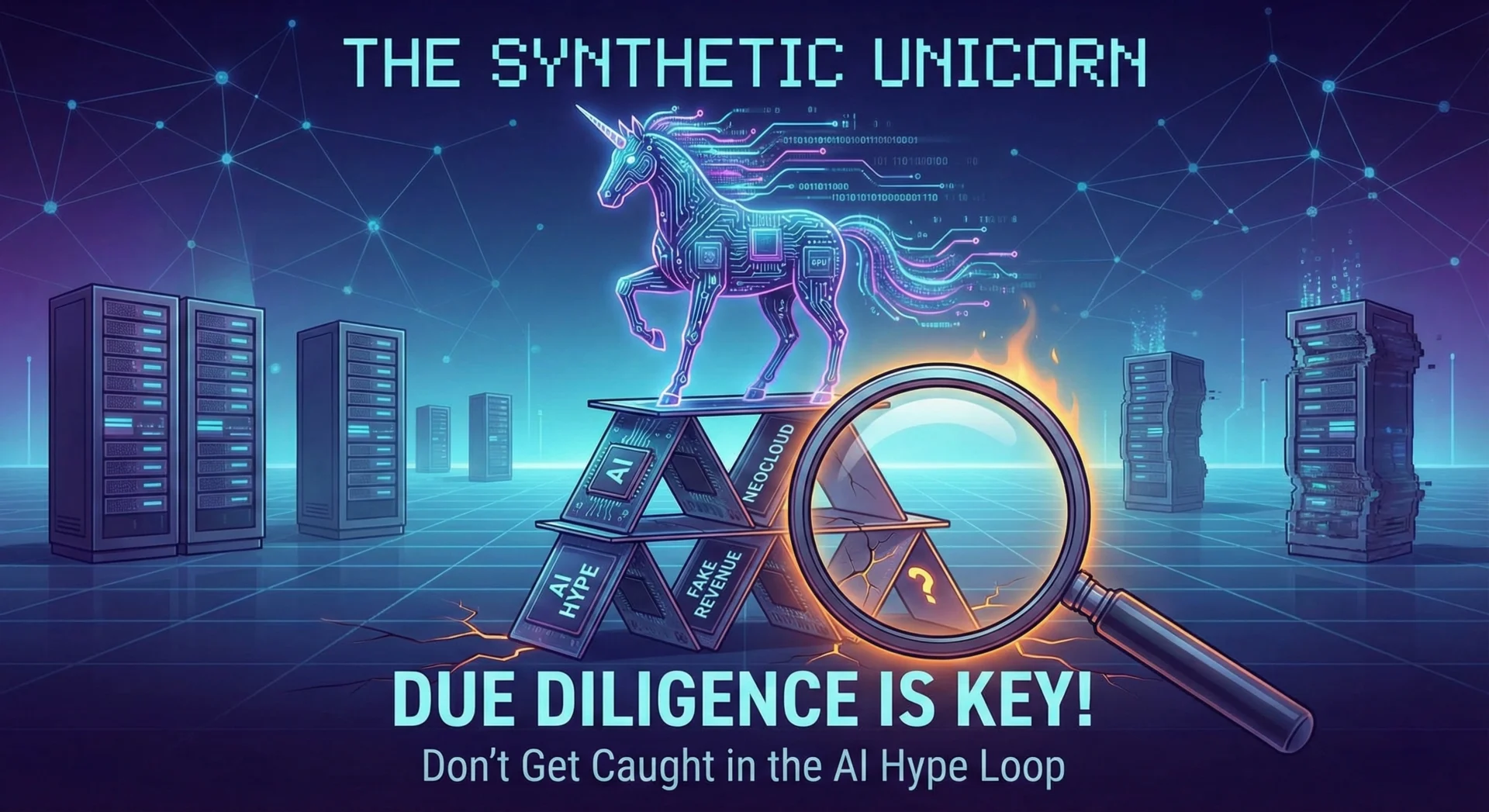 Startup-style unicorn perched on an unstable AI house of cards, symbolizing fragile AI valuations, with text: ‘Investors, do your due diligence!’